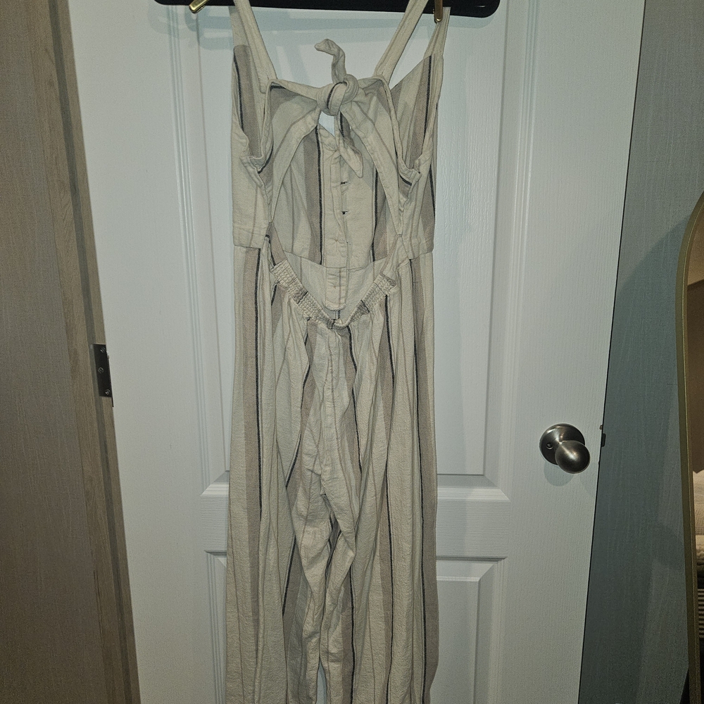 Indigo Rein Boho Beige and Black Striped Linen Blend Summer Jumpsuit Size Large - Picture 3 of 7